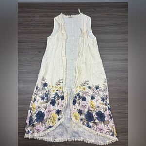 Francesca Bettini Women's Ivory  Linen Cardigan Long Floral Sleeveless One Size